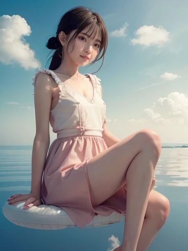 Japanese female, a lot of details, (underweight), detailed black hair, beautiful detailed hair, super fucking beautiful, delicate beautiful face, complex details beautiful and delicate eyes, perfect hands, (flat chest best quality:1.5), perfect and delicate limbs, detailed skin, best quality, ultra-detailed,(cheerful grin:1.3),
sky, (cloud texture:1.5), (floating:1.4), (sit in the air), (light red floating dress), in the clouds, full body shot, low angle shot