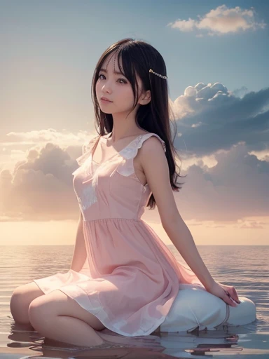 Japanese female, a lot of details, (underweight), detailed black hair, beautiful detailed hair, super fucking beautiful, delicate beautiful face, complex details beautiful and delicate eyes, perfect hands, (flat chest best quality:1.5), perfect and delicate limbs, detailed skin, best quality, ultra-detailed,(cheerful grin:1.3),
sky, (cloud texture:1.5), (floating:1.4), sit in the air, (light red floating dress), in the clouds, full body shot, low angle shot