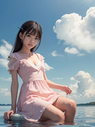Japanese female, a lot of details, (underweight), detailed black hair, beautiful detailed hair, super fucking beautiful, delicate beautiful face, complex details beautiful and delicate eyes, perfect hands, (flat chest best quality:1.5), perfect and delicate limbs, detailed skin, best quality, ultra-detailed,(cheerful grin:1.3),
sky, (cloud texture:1.5), (floating:1.4), (sit in the air), (light red floating dress), in the clouds, full body shot, low angle shot