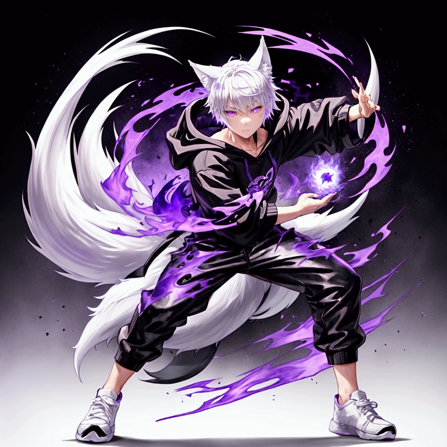 one man, white short hair wolf ears, full black loose hoodie with purple stripe at sleeve, show full body, he has seven fox tails , purple fire coming from hand,energy ball at hand, purple eyes, dynamic battle pose, simple detaled, white shoes, black jeans