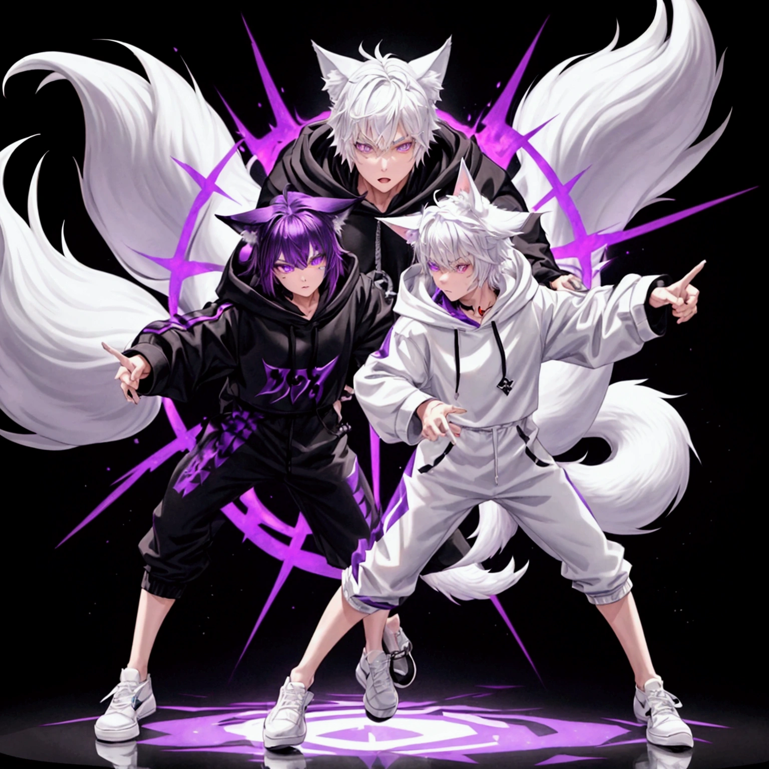 one man, white short hair wolf ears, full black loose hoodie with purple stripe at sleeve, show full body, he has seven fox tails , purple fire coming from hand,energy ball at hand, purple eyes, dynamic battle pose, simple detaled, white shoes, black jeans