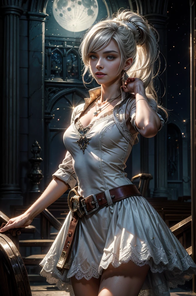 (masterpiece, best quality:1.2), cowboy shot, dynamic pose, weissvale, smile, closed mouth,  looking at viewer, long white hair, side ponytail, scar above eye, scar below eye, white dress,  jewelry, necklace, earrings, future_urban, indoors, standing inside old church ruins, night, stars, moon, crowd, crowd wearing military uniform, (volumetric lighting), intricate details, tonemapping, sharp focus, hyper detailed 