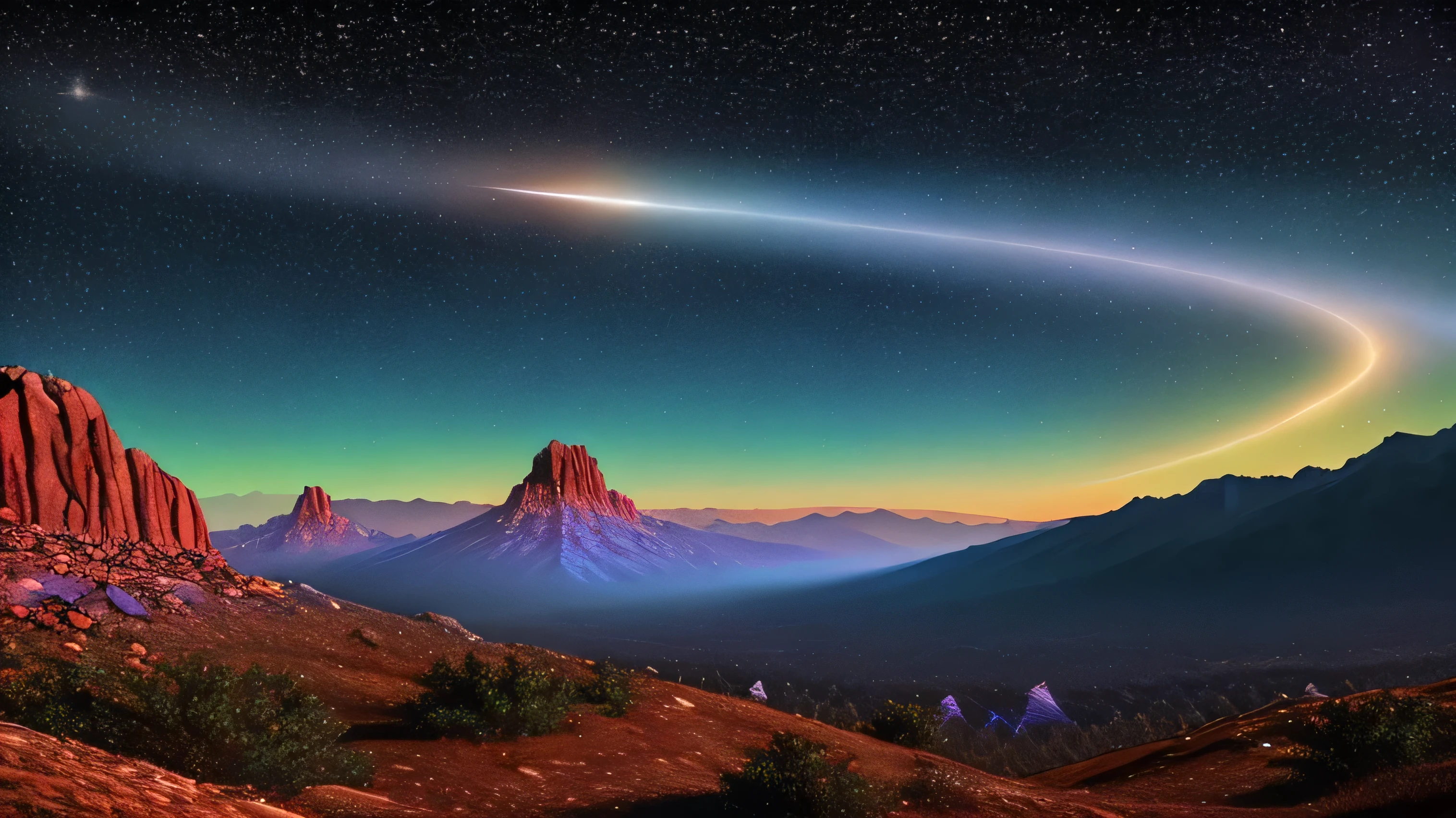 Photographic scene of a terrain, mountains, with night sky above, cinematic, highly detailed, cosmic, cover art, neon lights, asteorid rain, space, abstract, asteroids
