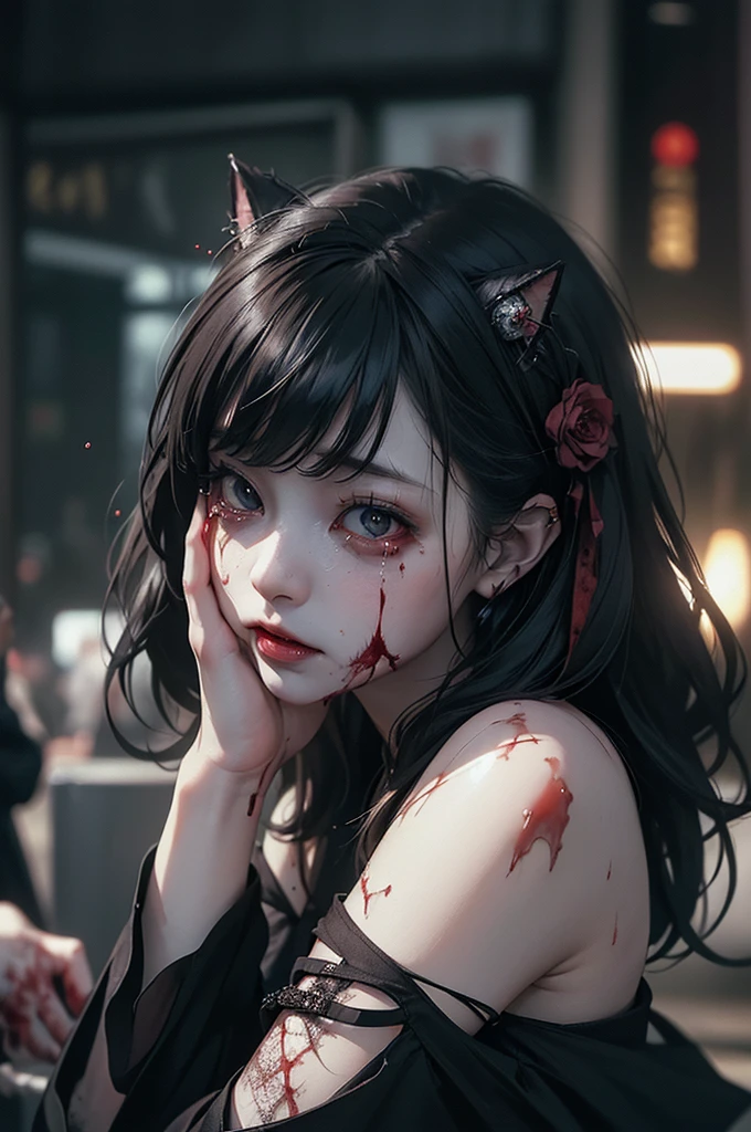 Highest quality, masterpiece, look up, cute,(Horror),(((Beautiful zombie girl))),Dead,Trying to bite,(((Bleeding,Injured))),(((Shedding tears of blood))),((口からBleeding)),((Covered in blood)),((Bitten all over the body)),((Sexy)),(sexy),((Small breasts)),,(Middle scair,((Masturbation)),(((Blowjob))),(((Sex,sexual behavior))),Beautiful Style,(Lower body exposed),((Pale skin)),Sensual look,Embarrassed,Sexy表情,Expressions of delight,(Dark atmosphere),(Dark atmosphere,fear),((Dim lighting))