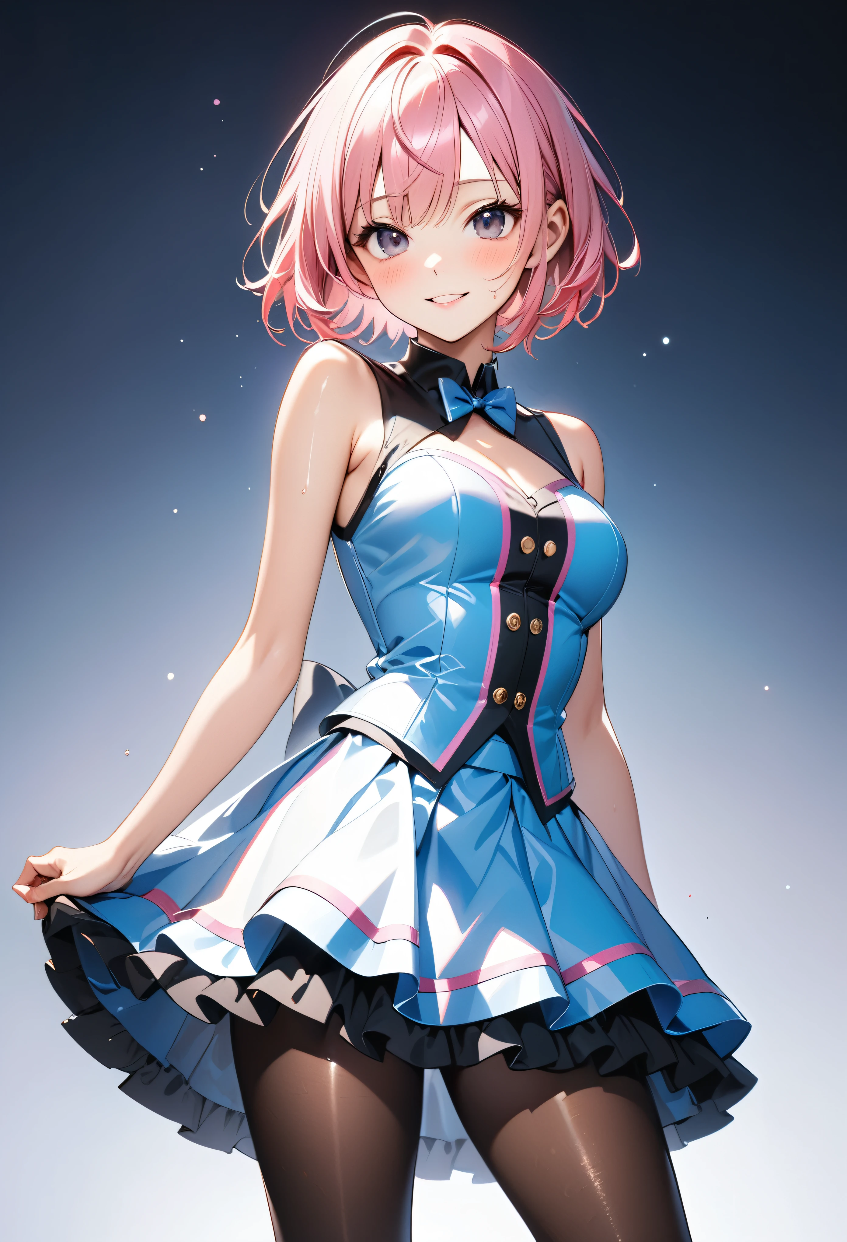 (((Female idols, idol costumes, skirt, pantyhose))), ((Very shiny outfit)), skindentation, skinny, solo, 1 woman, Masterpiece, highest quality, highest quality, 16K, incredibly absurd, highly detailed, 2.5D, ai-generated, delicate and dynamic, very delicate facial expressions, delicate eye depiction, erotic, only sexy woman, ((A cute and kind face)), healthy figure, ((25-year-old woman)), 160cm tall, ((medium firm swaying bust)), medium breasts, (short hair), (pink hair:1.5), bob cut, black eye, blush, Sweat,Embarrassed,sexy, ((thin thighs)), (Erect nipples,:0.5), shiny and lustrous, facing straight at viewer, smile, ((Oily_skin)), dark skin, ((standing)), ((arm at side)), ((erotic pose)),