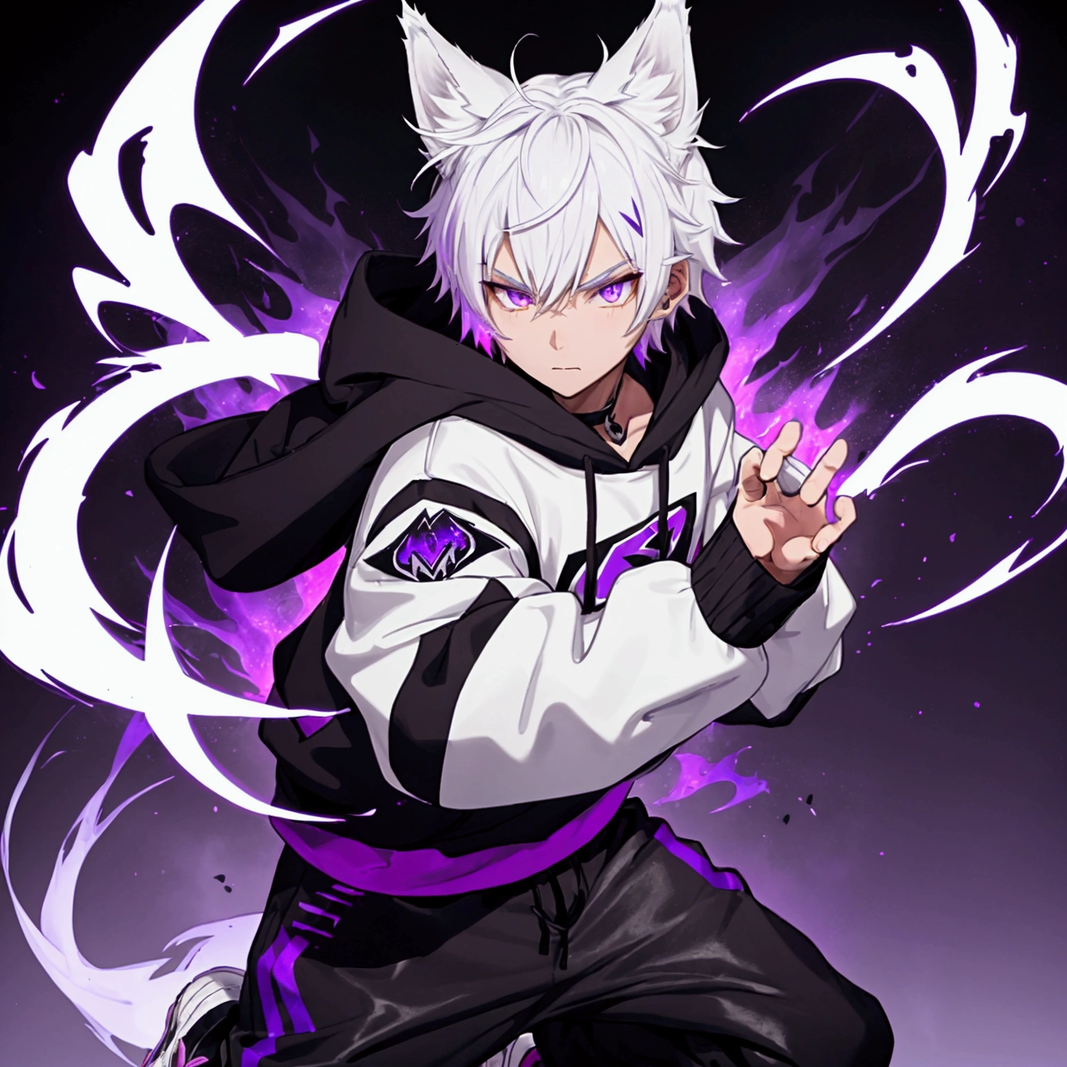 one man, white short hair wolf ears, full black loose hoodie with purple stripe at sleeve, show full body, he has seven fox tails , purple fire coming from hand,energy ball at hand, purple eyes, dynamic battle pose, simple detaled, white shoes, black jeans