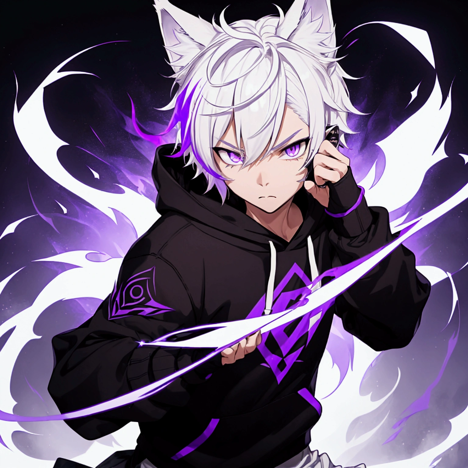 one man, white short hair wolf ears, full black loose hoodie with purple stripe at sleeve, show full body, he has seven fox tails , purple fire coming from hand,energy ball at hand, purple eyes, dynamic battle pose, simple detaled, white shoes, black jeans