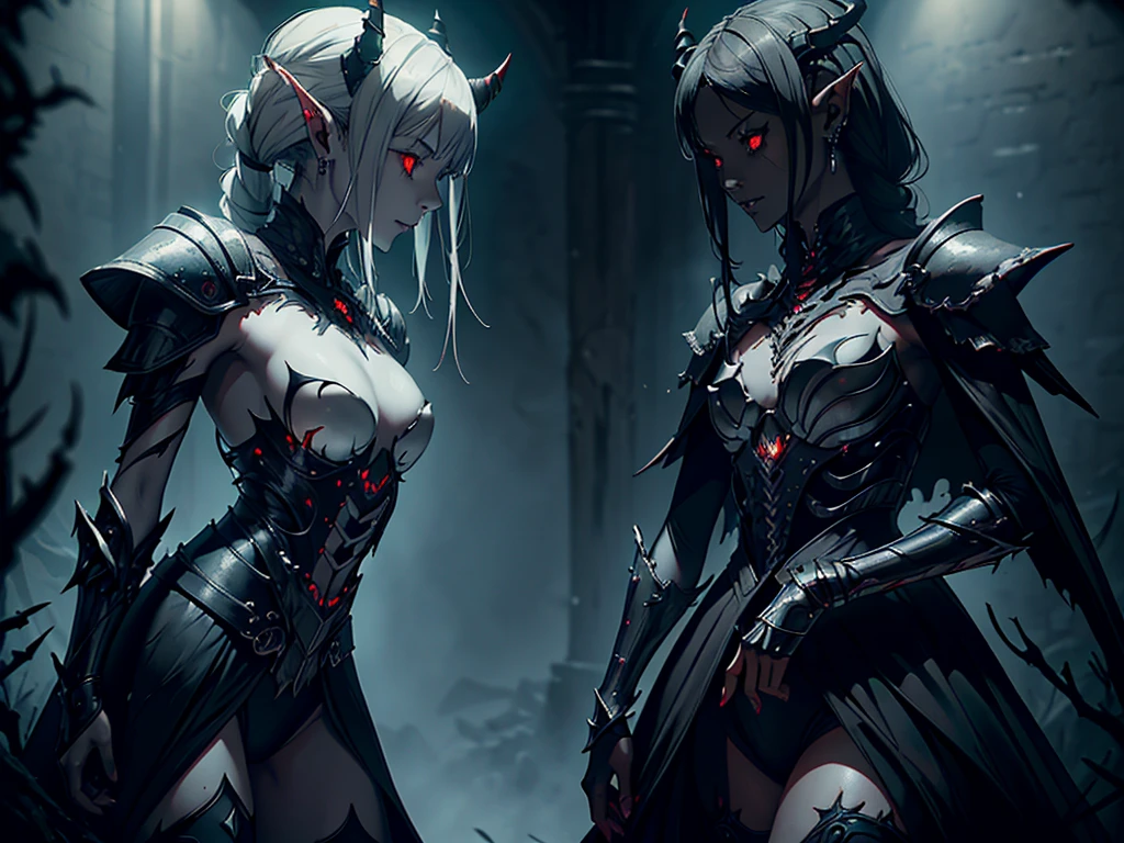1girl, horror, dark elf princess, elden ring, (dark grey skin:1.5), true white long ponytail, ((perfect red eyes)), elf ears, earrings, detailed , highly detailed mechanical horns, (small breasts), ((black gothic prom dress)), wearing black fur cloak, bone armor, skull armor, volumetric lighting, ethereal fog, dark background, ultrasharp, best quality, masterpiece, realistic, anatomically correct, (strong cinematic lighting), ((rim lighting)), stunning details, intricate details, 8k post-production, high resolution, super details, sharp focus, depth of field f/1.8, studio photos, (((looking in the distance)))