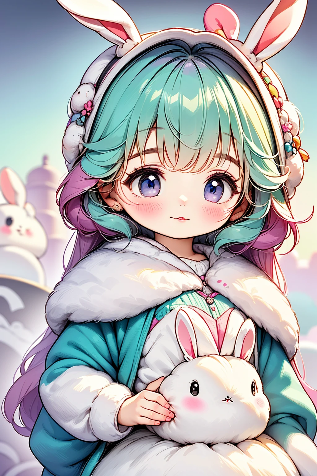 (Whole body:1.5, entire plane:1.5),a woman dressed in a fluffy rabbit costume with big bunny ears, tiro de Whole body:1.5, wide angle, cute expression and , professional portrait, 8K hyper detailed, High resolution, detailed facial features, detailed clothing, Soft lighting, Capricious, elegant, pastel colours, adorable, 8k,HD.