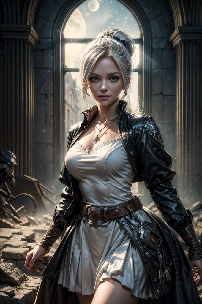 (masterpiece, best quality:1.2), cowboy shot, dynamic pose, weissvale, smile, closed mouth, looking at viewer, long white hair, side ponytail, scar above eye, scar below eye, white dress, jewelry, necklace, earrings, future_urban, indoors, standing inside old church ruins, night, stars, moon, crowd, crowd wearing military uniform, (volumetric lighting), intricate details, tonemapping, sharp focus, hyper detailed