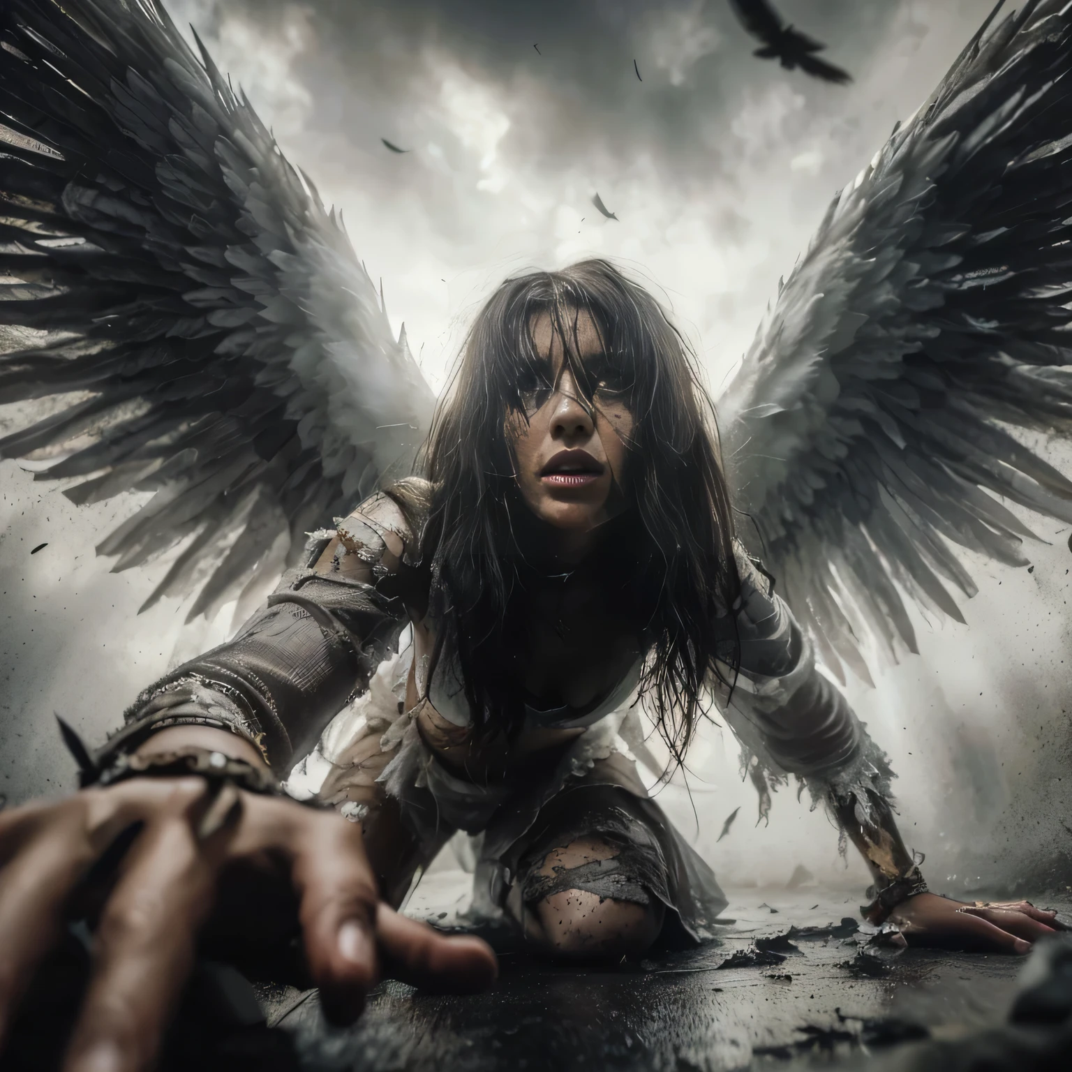 at full size, super low angle shot, The beautiful angel fell, black hair, Has big wings, Wearing a very shabby white cloth, Dirty body and wings, Kneel down,looking angry, shout and look up.
HD professional photographer, MidJourney v6 Realism, light focused on face, Ultra-detail of the face,
dark light, epic realism, Atmospheric Impressionism, Bokeh, film dramatic realism, Pre-Raphaelite realism, best tone, Hard focus realism--ar 36:61 --Stylized 750 --v6