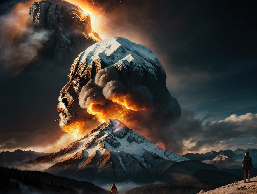 a woman standing on a mountain with a mountain in the background, double exposure effect, inspiring digital art, double exposure portrait, amazing digital art, photo manipulation, photoshop art, amazing composition, surreal digital art, inspired by Mike Winkelmann, fire behind him, double exposure photography, amazing digital art, matte painting of the human mind, surreal digital art, double exposure