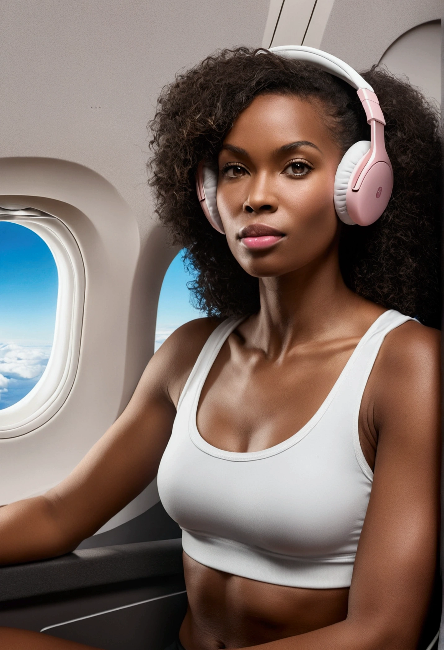 ((Peau africaine foncée, Peau d'ébène très profonde)), ((Sa beauté indéniable)), ((Visage mignon excité)), ((Yeux parfaits hyper détaillés,)), ((pose mignonne)), ((Langue sortie)), ((séduisant )), Sexy, (( Sweat à capuche jaune clair douillet, Pantalon de yoga long, portant un casque AirPods Max pomme rose)), ((Queue de cheval avec de longs cheveux lisse ,)), (( peau)), ((debout, Vue de face)), ((toucher ses propres jambes dans une pose Sexy)), ((Sitting inside avion, en voyageant, classe affaire, Ville publique, avion)), Image de synthèse avec mise au point nette, photoréaliste, Détails élevés, Réaliste, chef-d'œuvre, absurdes, Meilleure qualité, HDR, Haute qualité, haute définition, extrêmement détaillé, Fond d'écran 8k, détails complexes, 8k euh, Full HD, (photo réaliste:1.2), contraste, éclairage intense, cinématique d'éclairage, éclairage naturel, veilleuse, Nuit, Éclairage global, sitting in avion, en voyageant, avion, regarder l'écran de télévision, à la piscine femmes africaines、Female Sexy、visage concentré, personnes, (Peau africaine foncée