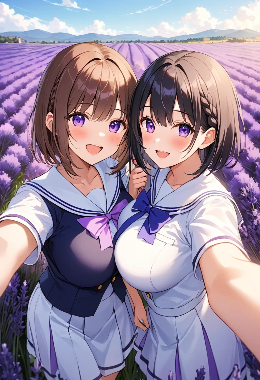 Highest quality、High resolution、Detailed Background、Beautiful face in every detail、Detailed eyes、Teenage beauty、Highly detailed face、Huge breasts、Perfect body line、Brown Hair、Black Hair、Braided bob cut、Braided Ponytail、cute髪型、cute仕草、Natural beauty、Fun atmosphere、White Sailor One Piece、JK Uniform、(Three girls taking a selfie with a vast lavender field in the background:1.5)、
Purple Flower々The girls are smiling happily surrounded by、They have fun collecting lavender flowers to make flower crowns and bouquets to give to their families.、Among the lavender swaying in the gentle breeze、They take photos of each other while enjoying the scent of flowers.、The girls were engrossed in playing in the fairy-tale-like lavender fields.、I can tell that they are really enjoying themselves.、A bright scene that captures the joy of playing to your heart&#39;s content in nature and spending time with friends.、cute