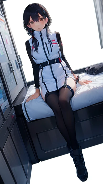 (Highest quality), (masterpiece), 1080P, High resolution, 4K, 8k, Thigh straps, Shooting from directly below, The woman on top of me, Nipples, 白いSweat, Covered , Sweat, Woman looking down, Micro Bikini, Skirt swimsuit, Thigh-high socks, To achieve this, 16 years old, Small breasts, whole body, Black leather shoes, Braided hair, Inner Color, Embarrassed face, Short black hair, bracelet, Bedroom,celestial body_Vest