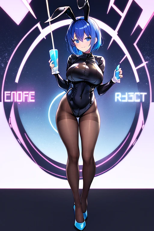 1girl, full body, rabbit ears, bunny ears, bodysuit, black bodysuit, pantyhose, machinery, futurustic, science-fiction, neon trim, large breasts, hourglass figure, blue hair, very short hair, blue eyes, smile, high heels, standing, ((full body))