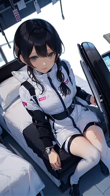 (Highest quality), (masterpiece), 1080P, High resolution, 4K, 8k, Thigh straps, Shooting from directly below, The woman on top of me, Nipples, 白いSweat, Covered , Sweat, Woman looking down, Micro Bikini, Skirt swimsuit, Thigh-high socks, To achieve this, 16 years old, Small breasts, whole body, Black leather shoes, Braided hair, Inner Color, Embarrassed face, Short black hair, bracelet, Bedroom,celestial body_Vest
