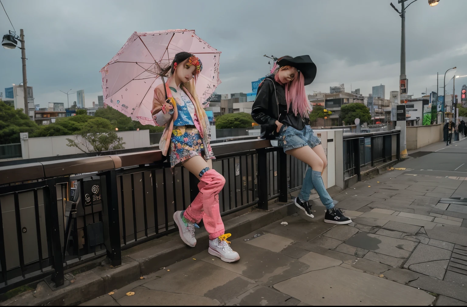 (Best quality, 8k, 32k, Masterpiece, UHD:1.2), "Transform the scene into the urban and vibrant streets of Harajuku, Japan, but with an eerie emptiness. The setting is devoid of crowds or people, emphasizing the stillness of the moment. The streets are lined with colorful storefronts and fashion boutiques, showcasing Harajuku's eclectic and trendy style. Neon signs and billboards add splashes of bright colors against the urban backdrop.

The architecture is a mix of modern and quirky, with buildings featuring unique facades, artistic graffiti, and bold patterns. There are no trees or grass, just the concrete jungle of the city, with sidewalks and streets intersecting in a complex, yet orderly fashion.

Street lamps and urban furniture like benches and signposts dot the area, enhancing the feeling of an urban environment. The scene captures the essence of Harajuku's vibrant fashion district, yet with an unusual quietness, allowing the intricate details of the urban landscape to stand out."