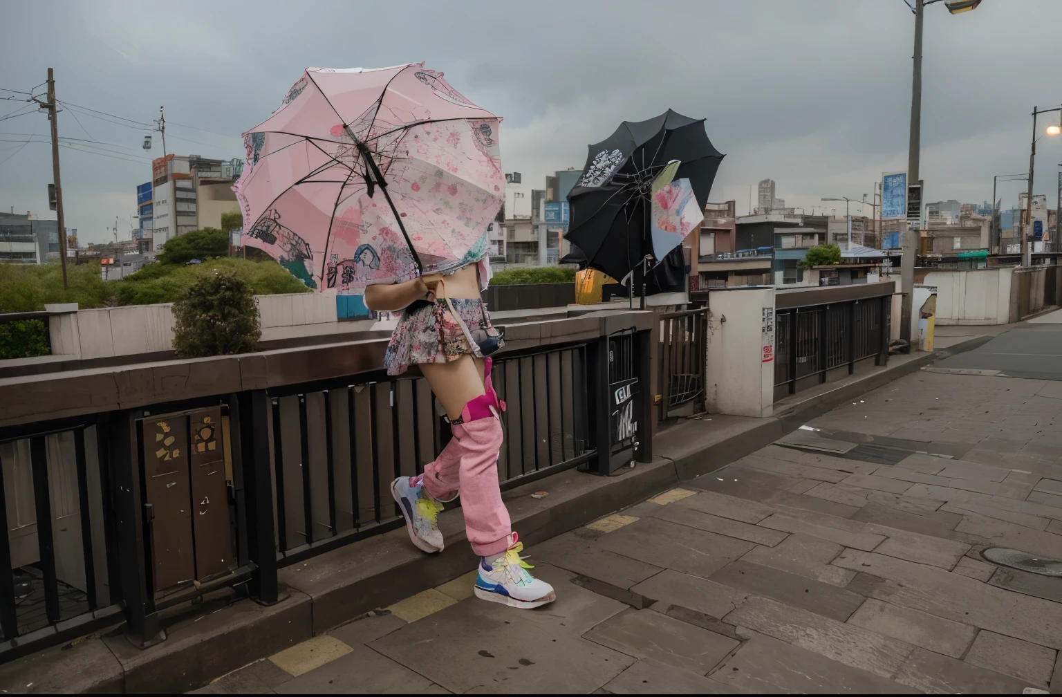 (Best quality, 8k, 32k, Masterpiece, UHD:1.2), "Transform the scene into the urban and vibrant streets of Harajuku, Japan, but with an eerie emptiness. The setting is devoid of crowds or people, emphasizing the stillness of the moment. The streets are lined with colorful storefronts and fashion boutiques, showcasing Harajuku's eclectic and trendy style. Neon signs and billboards add splashes of bright colors against the urban backdrop.

The architecture is a mix of modern and quirky, with buildings featuring unique facades, artistic graffiti, and bold patterns. There are no trees or grass, just the concrete jungle of the city, with sidewalks and streets intersecting in a complex, yet orderly fashion.

Street lamps and urban furniture like benches and signposts dot the area, enhancing the feeling of an urban environment. The scene captures the essence of Harajuku's vibrant fashion district, yet with an unusual quietness, allowing the intricate details of the urban landscape to stand out."