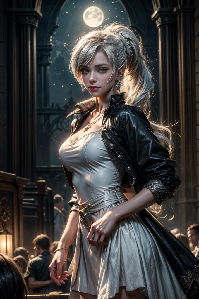 (masterpiece, best quality:1.2), cowboy shot, dynamic pose, weissvale, smile, closed mouth, looking at viewer, long white hair, side ponytail, scar above eye, scar below eye, white dress, jewelry, necklace, earrings, future_urban, indoors, standing outside old church ruins, night, stars, moon, crowd, crowd wearing military uniform, (volumetric lighting), intricate details, tonemapping, sharp focus, hyper detailed