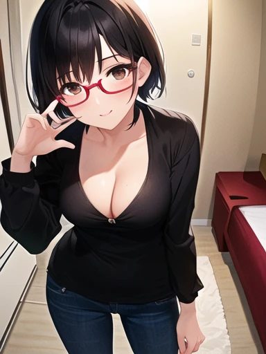 (masterpiece), best quality, very skinny, black hair, short hair, red glasses, brown eyes, middle breasts, cleavage, watching the camera, pink bedroom, full body