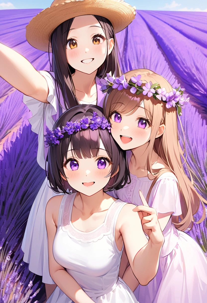 Highest quality、High resolution、Detailed Background、Beautiful face in every detail、Detailed eyes、Teenage beauty、Highly detailed face、Huge breasts、Perfect body line、Brown Hair、Black Hair、Braided bob cut、Braided Ponytail、cute髪型、cute仕草、Natural beauty、Fun atmosphere、White Sailor One Piece、JK Uniform、(Three girls taking a selfie with a vast lavender field in the background:1.5)、
Purple Flower々The girls are smiling happily surrounded by、They have fun collecting lavender flowers to make flower crowns and bouquets to give to their families.、Among the lavender swaying in the gentle breeze、They take photos of each other while enjoying the scent of flowers.、The girls were engrossed in playing in the fairy-tale-like lavender fields.、I can tell that they are really enjoying themselves.、A bright scene that captures the joy of playing to your heart&#39;s content in nature and spending time with friends.、cute