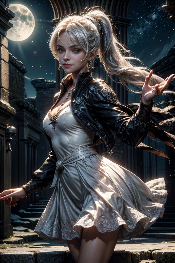 (masterpiece, best quality:1.2), cowboy shot, dynamic pose, weissvale, smile, closed mouth, looking at viewer, long white hair, side ponytail, scar above eye, scar below eye, white dress, jewelry, necklace, earrings, future_urban, indoors, standing outside old church ruins, night, stars, moon, crowd, crowd wearing military uniform, (volumetric lighting), intricate details, tonemapping, sharp focus, hyper detailed