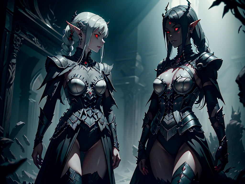 1girl, horror, dark elf princess, elden ring, (dark grey skin:1.5), true white long ponytail, ((perfect red eyes)), elf ears, earrings, detailed blood, highly detailed mechanical horns, (small breasts), ((black gothic prom dress)), wearing black fur cloak, bone armor, skull armor, volumetric lighting, ethereal fog, dark background, ultrasharp, best quality, masterpiece, realistic, anatomically correct, (strong cinematic lighting), ((rim lighting)), stunning details, intricate details, 8k post-production, high resolution, super details, sharp focus, depth of field f/1.8, studio photos, (((looking in the distance)))