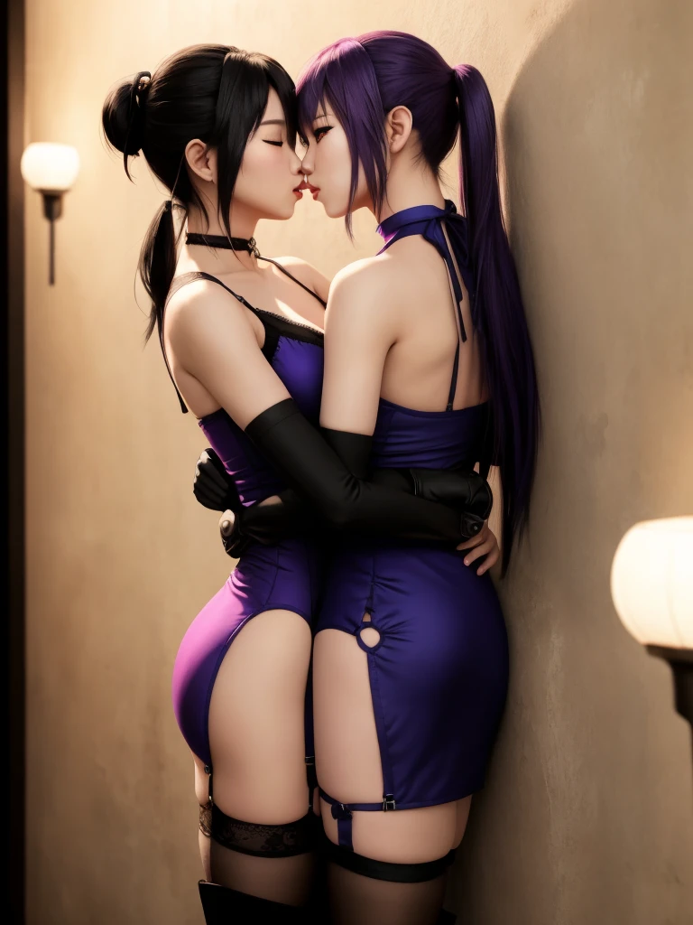 Sexy Ayane and Kasumi from DOA (Dead or Alive), 2 girls, wearing sexy traditional tight asian dresses, wearing dress, noble elegant dress, perfect body shape, seductive poses, full picture, full shot, shot from head to toes, show both head and full legs, wearing stockings, wearing lace stockings, wearing long gloves, wearing high heels or high boots, high heels, high boots, wearing long gloves, wearing corsait, wearing choker, heavy makeup, ponytail, looking like ninja, ninja, looking like kunoichi, kunoichi, vivid eyes, standing, making out, kissing passionately, violent, aggressive, using violence, hugging, one is pushed to the wall and her backs are touching the wall, rich palace bedroom background