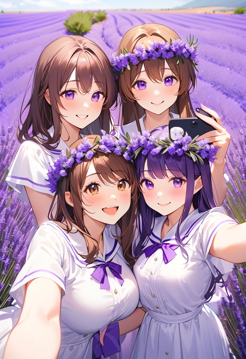 Highest quality、High resolution、Detailed Background、Beautiful face in every detail、Detailed eyes、Teenage beauty、Highly detailed face、Huge breasts、Perfect body line、Brown Hair、Black Hair、Braided bob cut、Braided Ponytail、cute髪型、cute仕草、Natural beauty、Fun atmosphere、White Sailor One Piece、JK Uniform、(Three girls taking a selfie with a vast lavender field in the background:1.5)、
Purple Flower々The girls are smiling happily surrounded by、They have fun collecting lavender flowers to make flower crowns and bouquets to give to their families.、Among the lavender swaying in the gentle breeze、They take photos of each other while enjoying the scent of flowers.、The girls were engrossed in playing in the fairy-tale-like lavender fields.、I can tell that they are really enjoying themselves.、A bright scene that captures the joy of playing to your heart&#39;s content in nature and spending time with friends.、cute