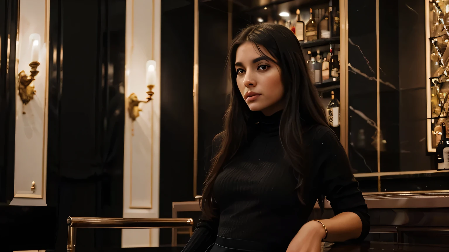 ((with long black dress in luxury bar 70s melhor qualidade)), ((work of art)), (detailded), 1 girl, ombro to ombro sweater,