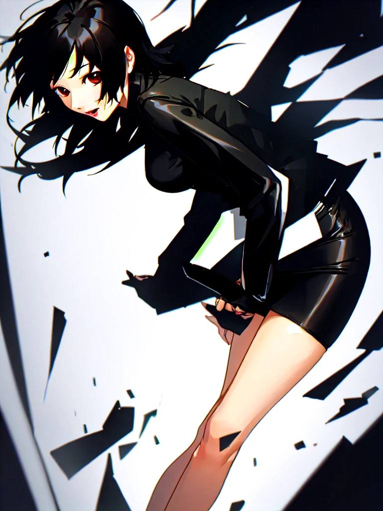 Girl with tight black hair wearing a tight and short skirt