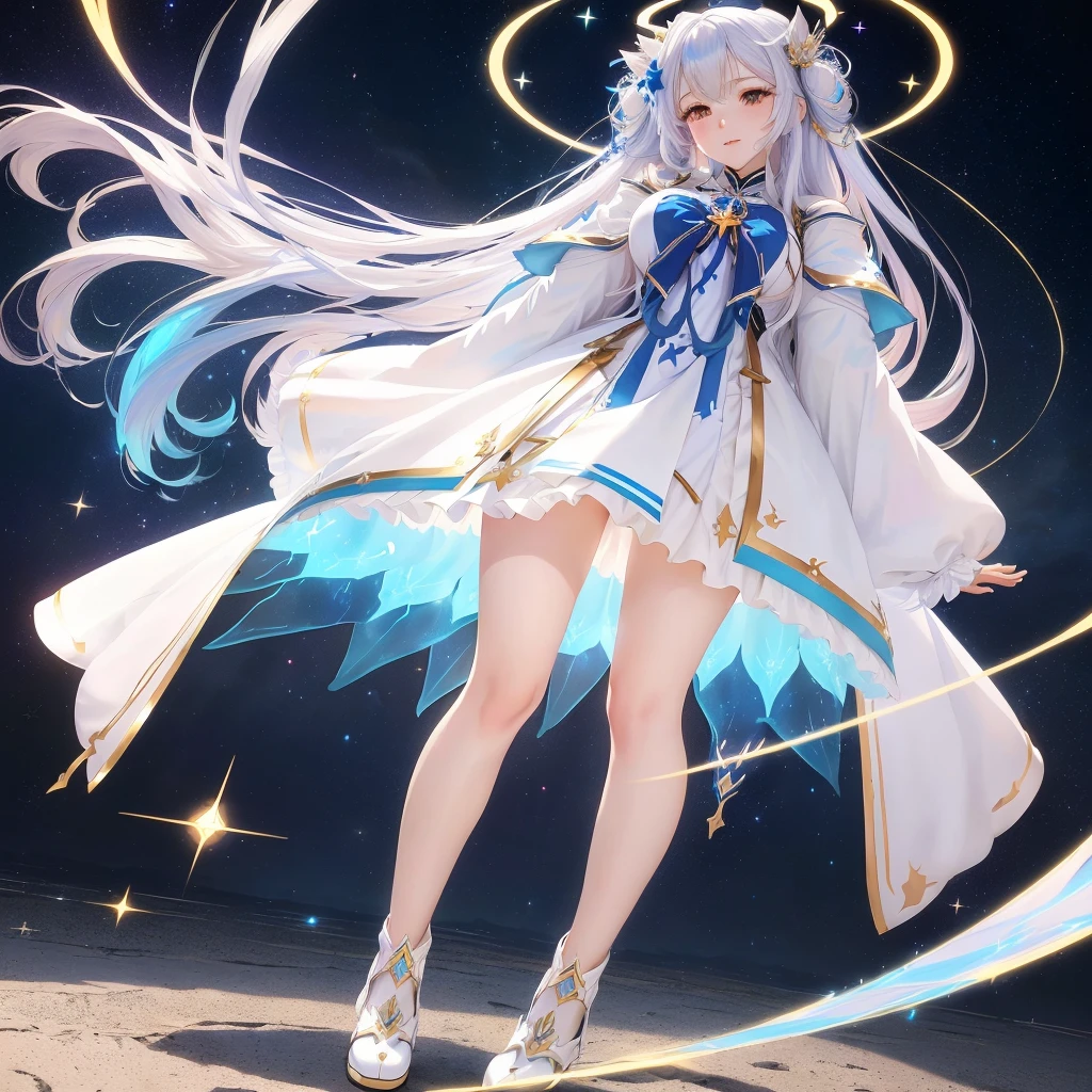 Anime girl with long white hair and blue dress poses for photo, Cute anime waifu in a nice dress, Beautiful Celestial Magician, artstation pixivでトレンド, Azur Lane Style, Digital art on Pixiv, From the Azur Lane video game, Flowing magical robes, Anime Goddess, Anime Art Wallpapers 8K, Anime Moe Art Style, Astral Witch Outfit
