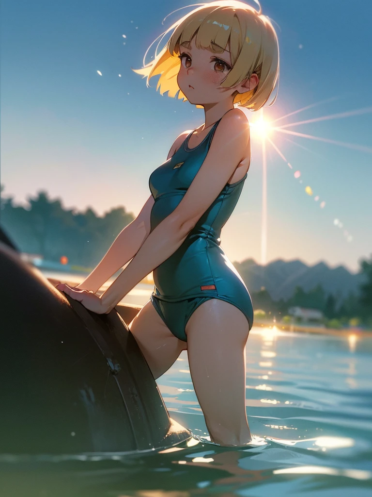 (Sumilux f1.4 50mm , low Latitude old color negative film , cross process , bokeh, flare, chromatic aberration , soft focus, (Shallow focus) , soft glow , Maximum aperture, high Key , Transparent depiction) , innocent erotica , bunny girl , Muscular, short , (blunt bangs , Pixie Cut) , (round maro eyebrows) , school swimsuit , sunny day , Playing in the river