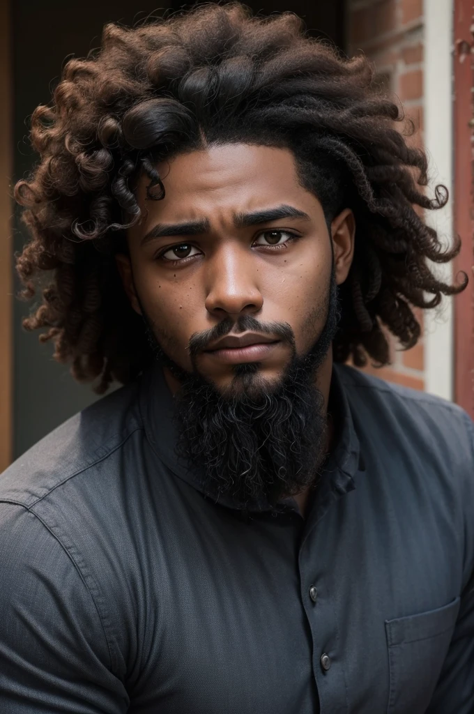 young black man, curly hair, short beard, eyes locked, Grieving, Raby