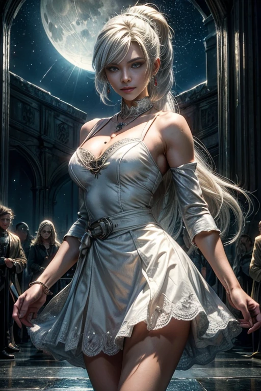 (masterpiece, best quality:1.2), cowboy shot, dynamic pose, weissvale, smile, closed mouth, looking at viewer, long white hair, side ponytail, scar above eye, scar below eye, white dress, jewelry, necklace, earrings, future_urban, indoors, standing outside old church ruins, night, stars, moon, crowd, crowd wearing military uniform, (volumetric lighting), intricate details, tonemapping, sharp focus, hyper detailed