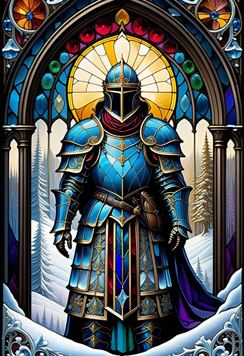 triadic colors, cinematic, offcial art, ice medieval armor transparent glass, ice frost, Baroque, streaming, highly detailed stained glass, Andy Kehoe, John Blanche, highly detailed complex background, detailed book illustration, fancy, filigreed, filigreed detailed, Intricate, cute