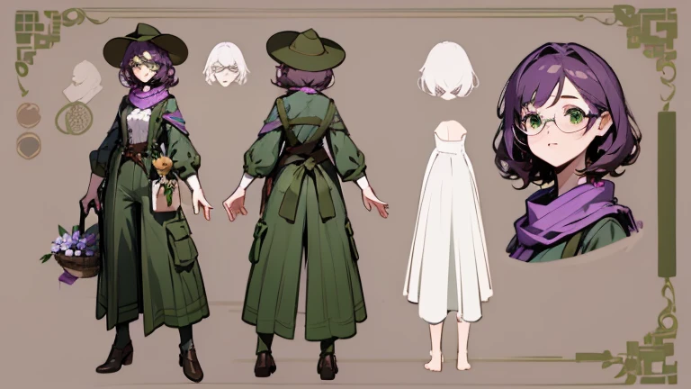 (Masterpiece, best quality), detailed, 1 gardener woman, (character concept art), (character design sheet, reference sheet, same character, front, back), full body, body complete, 1 gardener female, 1 gardener women. Character design sheet full body, Highly detailed, character sheet, character design, Many parts, pale skin, olive green eyes, glasses, rounded square brown lenses, short brown curly hair, Some purple strands in her hair, lavender flower, flat chest, garden hat, gardening hat, a lavender flower in the hat, a purple scarf around the neck, pants, Ecofashion, Ecopunk, Ecology, Earthy clothing, gardening clothing, gardening, garden, Solarpunk, Solarpunk reference, Solarpunk inspired, cottagecore aesthetic, cottagecore, pants, gold details, pastel purple, green and brown color palette for the clothes.