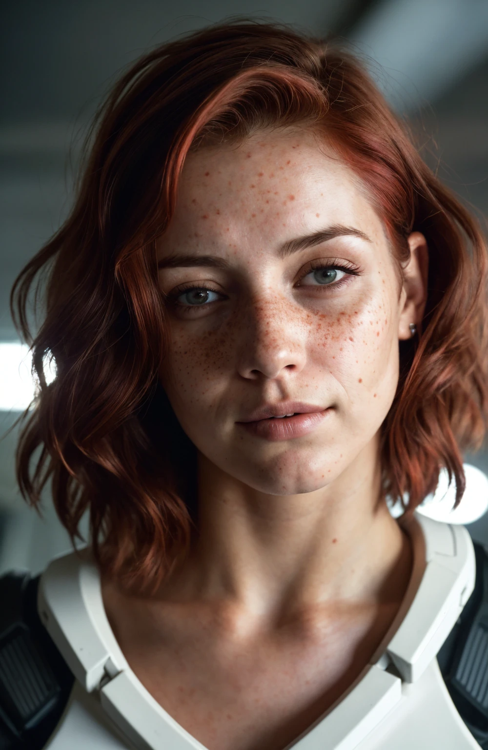 (Close-up, editorial photograph of a 21 year old woman), (highly detailed face:1.4) (smile:0.7) (background inside dark, moody, private study:1.3) POV, by lee jeffries, nikon d850, film stock photograph ,4 kodak portra 400 ,camera f1.6 lens ,rich colors, hyper realistic ,lifelike texture, dramatic lighting , cinestill 800, wavy hair, messy hair, short hair, commander Shepard haircut, Serious smirk, Red hair, Closed Eyes, freckles, White Skin, Halo Suit, Sci Fi, Cyberpunk, Futurism, Mass Effect, Astral Plane, European expressions, European woman, European skin, Athletic body
