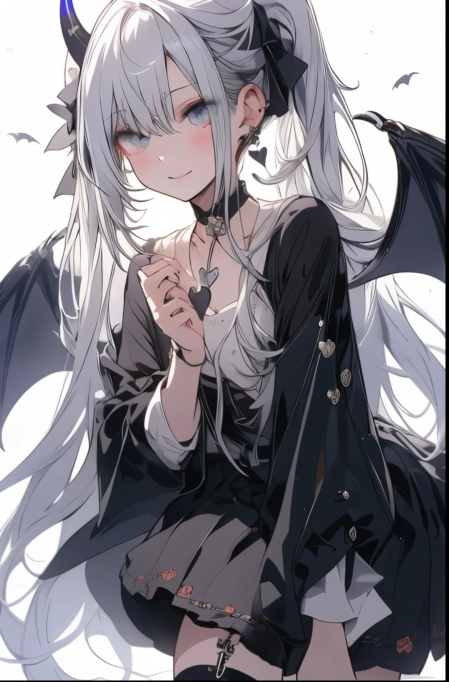 Beautiful illustrations, Highest quality, A beautiful anime-style female character with long silver hair.、She is wearing a black outfit with a heart cutout on her chest.。 Black Horn、Black choker with a heart pendant、Wearing black gloves。 The outfit is a short skirt and thigh-high stockings.。 Eyes are blue、With a mischievous look、Winking。 It has small bat wings on its back。