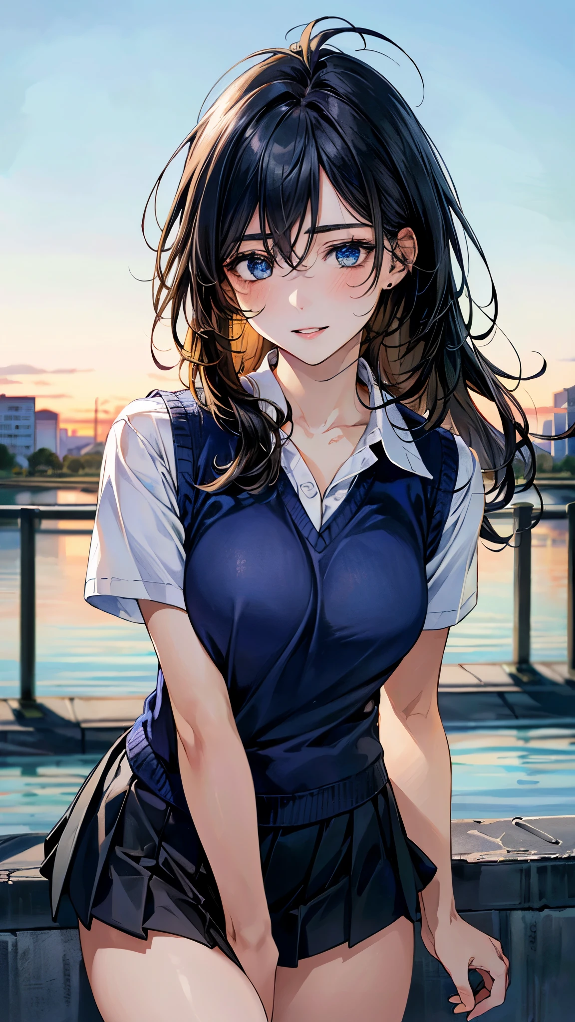 (masterpiece:1.3, top-quality, ultra high res, ultra detailed), (realistic, photorealistic:1.4), beautiful illustration, perfect lighting, colorful, depth of fields, nsfw, 
beautiful detailed hair, beautiful detailed face, beautiful detailed eyes, beautiful clavicle, beautiful body, beautiful chest, beautiful thigh, beautiful legs, beautiful fingers, 
looking at viewer, 1 girl, high school girl, (perfect anatomy, anatomically correct, super detailed skin), perfect face, perfect eyes, cute and symmetrical face, babyface, 
(long hair:1.5, messy hair, black hair), hair between eyes:0.7, marine blue eyes, slant eyes, big eyes, long eye lasher, (medium breasts, seductive thighs), slender, shiny skin, glowing skin, 
(detailed cloth texture, (navy knit vest with white line), short sleeve white collared shirt, grey pleated skirt), black socks, white panties, 
(beautiful scenery), morning, (riverside:1.2, cityscape in the distance), standing, (lovery smile, upper eyes, parted lips),