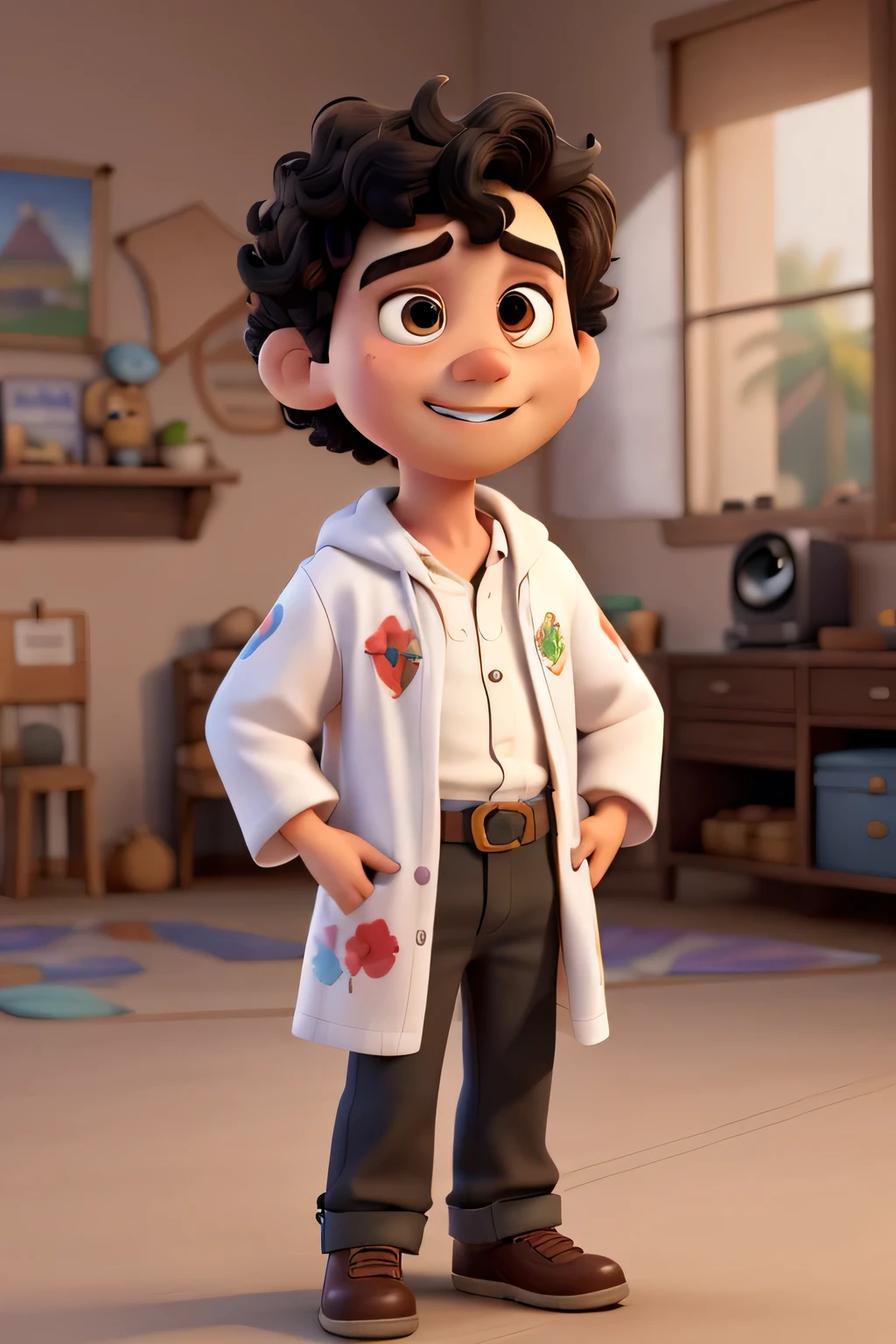 
3d character, boy with curly black hair, brown eyes wearing white kimono with Brazil print Vasco da Gama logo on the chest, holding a trophy (film composition), (Pixar-style:1.2)  (Disney: 1.2), (best qualityer