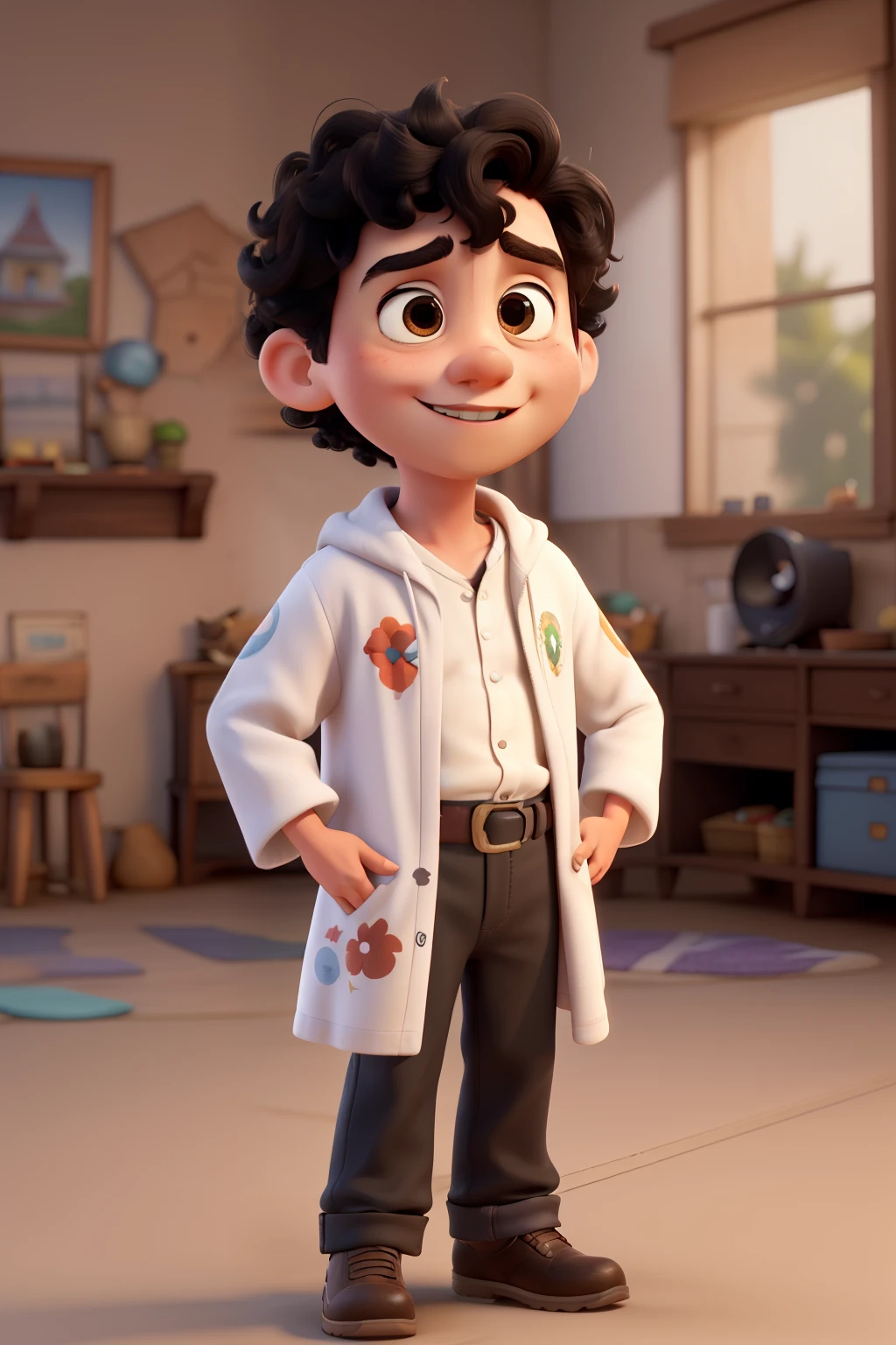 3d character, boy with curly black hair, brown eyes wearing white kimono with Brazil print Vasco da Gama logo on the chest, holding a trophy (film composition), (Pixar-style:1.2) (Disney: 1.2), (best qualityer