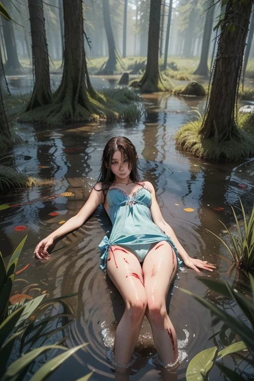 A girl lies in a swamp covered in blood, dark hair and blue eyes., full body physique , lifeless body , forest swamp , nightgown , blood, fat figure, blood , lies all in a swamp in a swamp