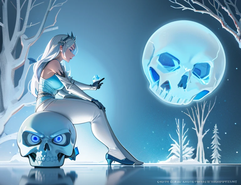 (best quality, highres, ice skull:1.1), ice skull, girl style, thick body art, detailed facial features, icy blue eyes, glossy lips, long eyelashes, porcelain skin, blue and silver color scheme, intricate skull design, realistic texture, vibrant colors, elaborate background, mysterious atmosphere, frozen garden, snow-covered trees, sparkling ice crystals, surreal lighting, fantasy elements