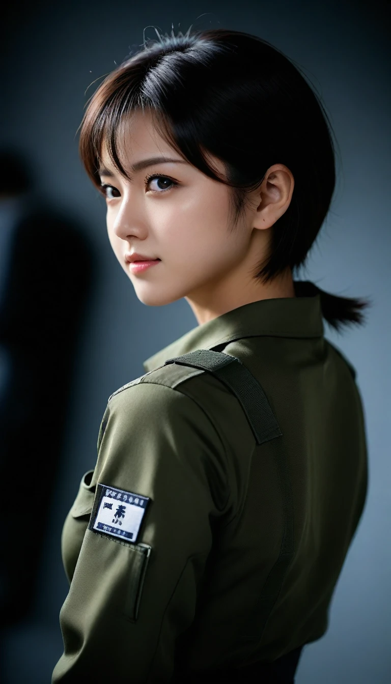 8k, Ultra-high resolution, Highest quality, masterpiece, 三分割法によるphotograph,Surreal, photograph, 1 Girl, (16 years old:1.3), pretty girl, Cute Face, Beautiful eyes in every detail, 細かくdetailedに,masterpiece,One Girl:1.2,Japan Female Teachers,ull body,light smile,Black short hair,Bob with bangs,The World of Metal Gear Solid,(印象派の美しい少女のPortraiture),(Impressionist light and colour), (next generation special forces:1.3),(Warrior,Camouflage,Beautiful dark eyes, So cute and beautiful,16 years old, ), (smile:0.8),Sharp contours,Looking down, (High-tech special forces), ((Nuclear aircraft carrier)),indoor, Light from above, Low contrast, (Side view),, Perfect and beautiful face ,完璧でCute Face, Skin with attention to detail, Perfect limbs、Narrow waist,Looking at the audience,(((Ideal body type))),A cup small breasts :2,Portraiture:2,Perfect Anatomy,鮮明なdetailed,detailed,Surreal,Light and shadow,glowing