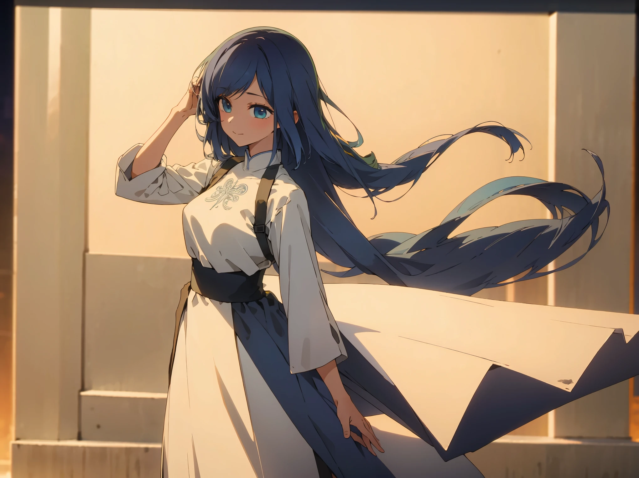 (best quality, highres, masterpiece : 1.4), (flatten art : 0.8), masterpiece, (best quality), 1girl, anime, (long dark blue hair with white hair on tip, very long sidebang), fair skin, deep blue eyes, medium sized breast, white ao dai, standing, wiping her own hair, sad smile, (detailed face), (night), reminiscing, bittersweet moment, eyes to the viewer, low light (almost monochrome), full body, holding a paper with one hand