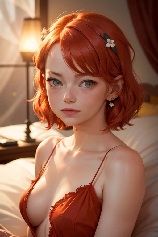 1womanl, Red hair, shorth hair, shy facial expression, short camisole, flower in hair, good backlight, the night, lying on her bed, bangss, aretes