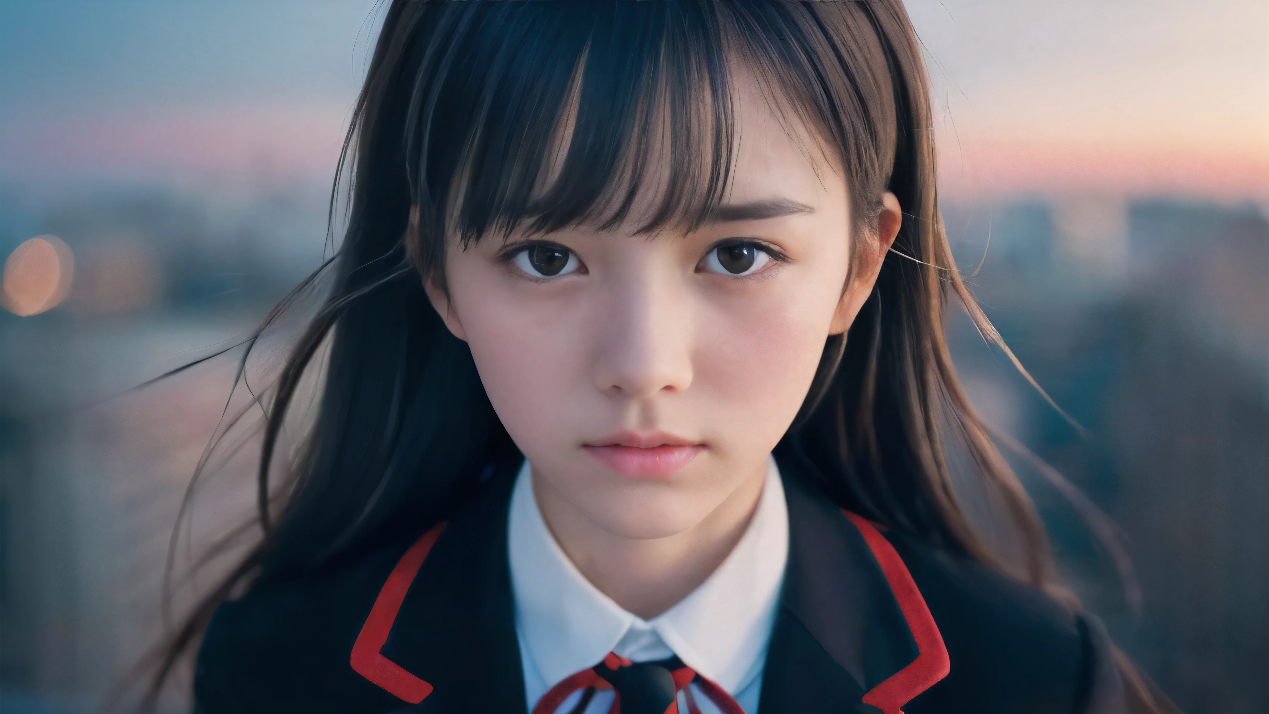 (Close up face shot of one slender small breasts two side up black medium hair bangs girl in long sleeves black school uniform:1.5)、(One girl is face down with crying face from the rooftop of the building and her hair is blowing by the winds at midnight:1.5)、(Big city landscape at midnight:1.5)、(8k ultra detailed master piece:1.5)、(perfect anatomy:1.5)、(Photorealistic stick:1.5)、(Raw photo:1.3)、(highest quality:1.5)、(High resolution:1.3)、(Delicate and beautiful perfect face:1.3)、(Delicate and beautiful eye air skin:1.3)、(Real Human Skin:1.3)、((thin legs))