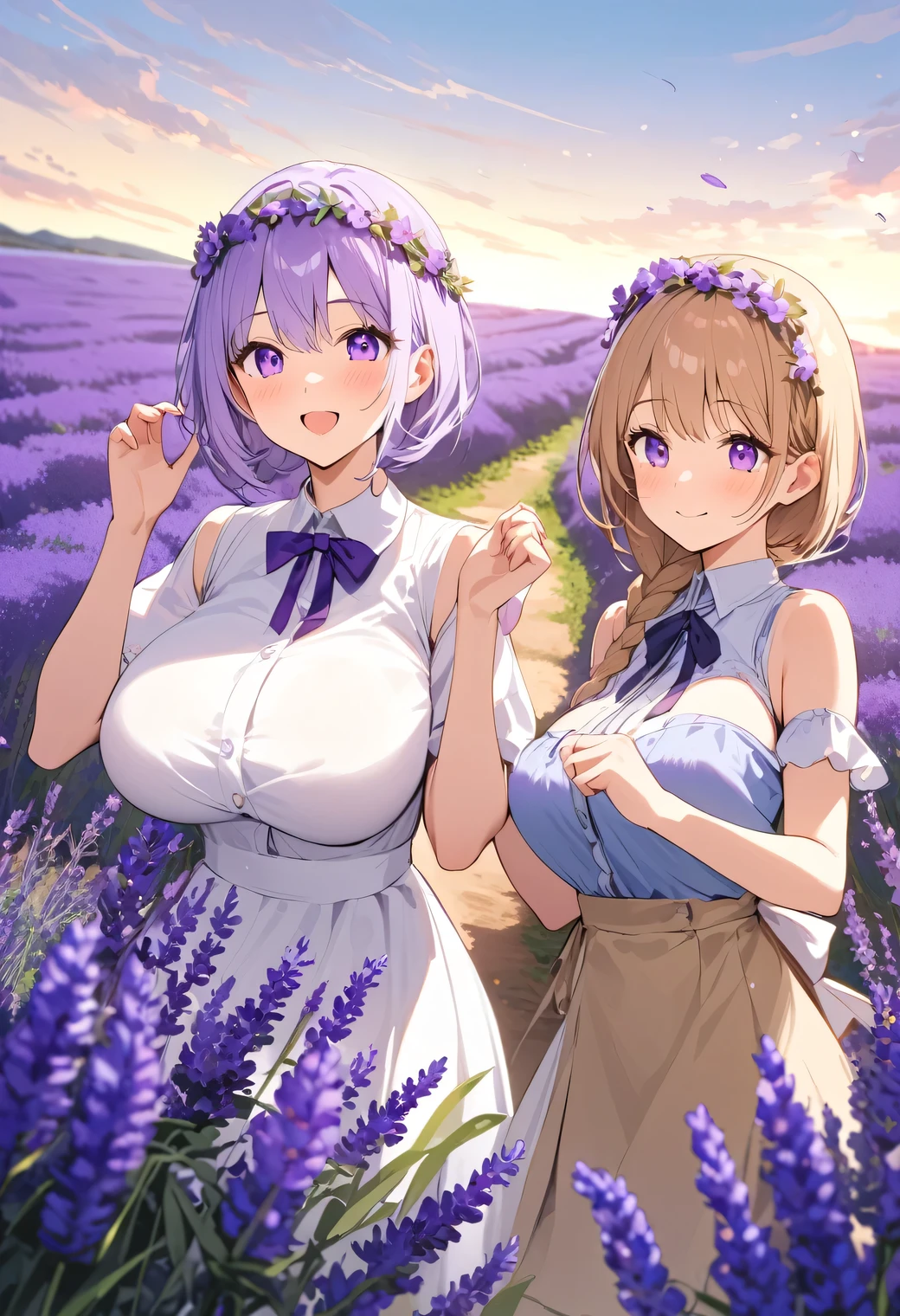 Highest quality、High resolution、Detailed Background、Beautiful face in every detail、Detailed eyes、age beauty、Highly detailed face、Huge breasts、Perfect body line、Light color hair、Braided bob cut、Braided Ponytail、cute hairstyle、Cute gestures、Natural beauty、Fun atmosphere、
A girl and her friend are running hand in hand through a vast lavender field.、
Purple Flower々Surrounded by them, the two of them are smiling happily.、
They have fun collecting lavender flowers to make flower crowns and bouquets to give to their families.、
The two of us are exploring the lavender swaying in the gentle breeze.、
They take photos of each other while enjoying the scent of flowers.、
The girls were engrossed in playing in the fairy-tale-like lavender fields.、I can tell that they are really enjoying themselves.、
A bright scene that captures the joy of playing to your heart's content in nature and spending time with friends.、cute